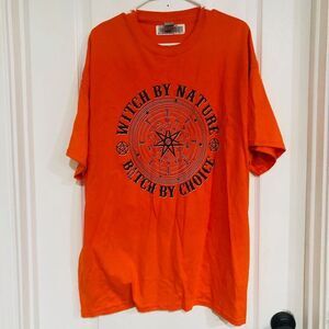 Gildan Men's T-Shirt Witch By Nature B*tch By Choice Cotton Crew Neck Orange 2XL